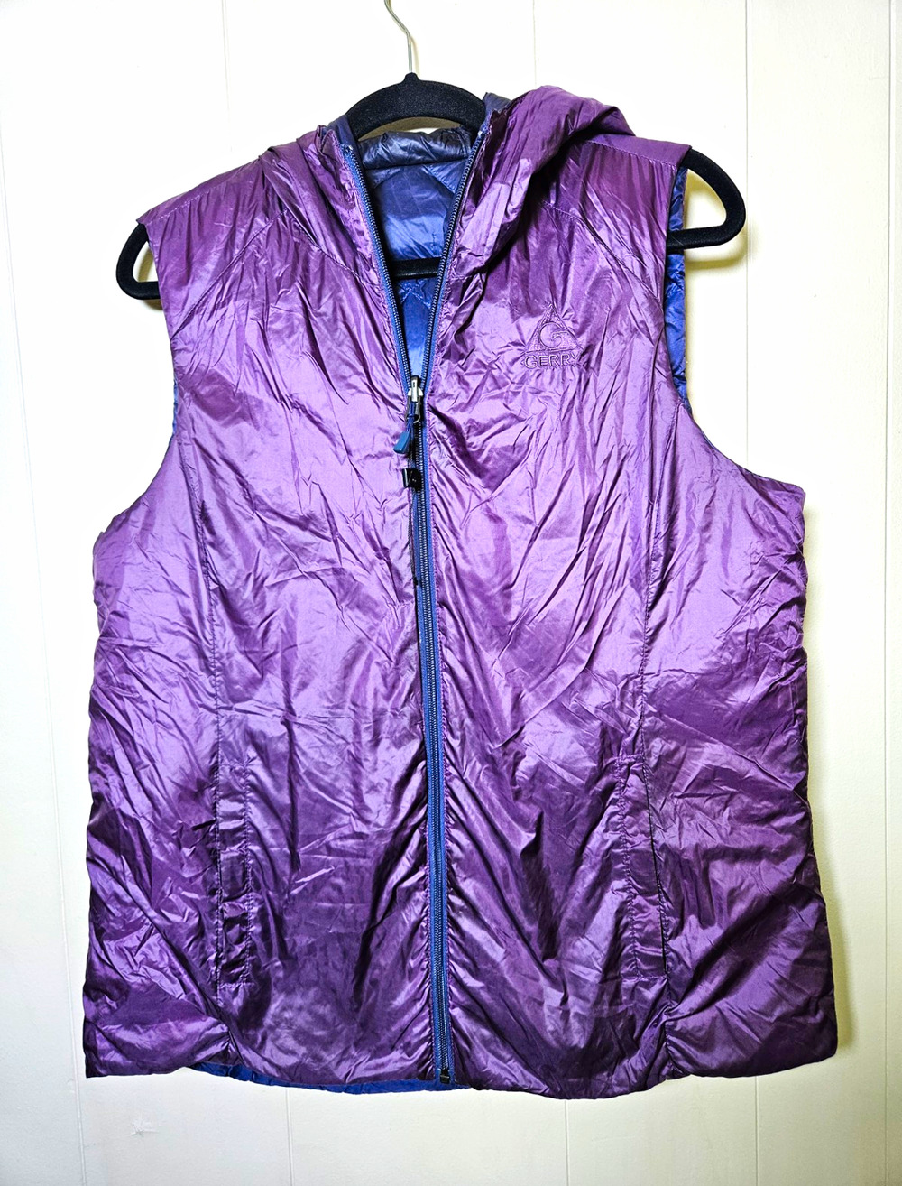 Gerry Womens Reversible Packable Hooded Duck Down Puffer Vest Purple Blue Size L